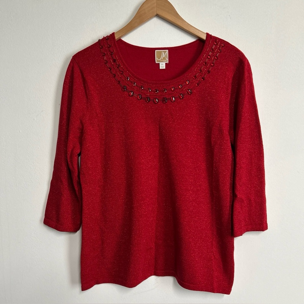 JM Collection Women’s‎ Petite Large Red Metallic Beaded Sweater Holiday Party